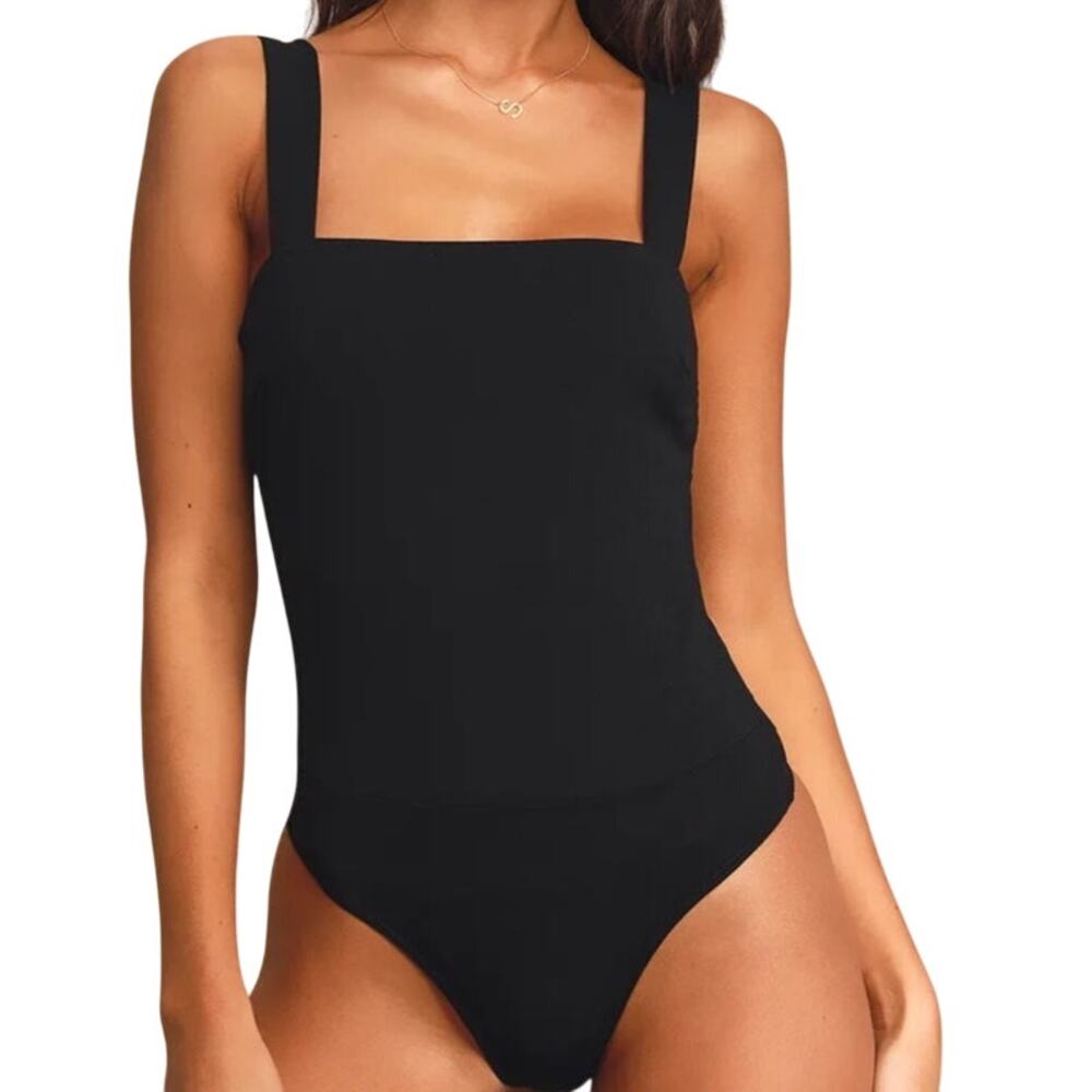 Lulus Bodysuit Square Neck Sleeveless Thong Black Metallic Sparkle Size L NWT